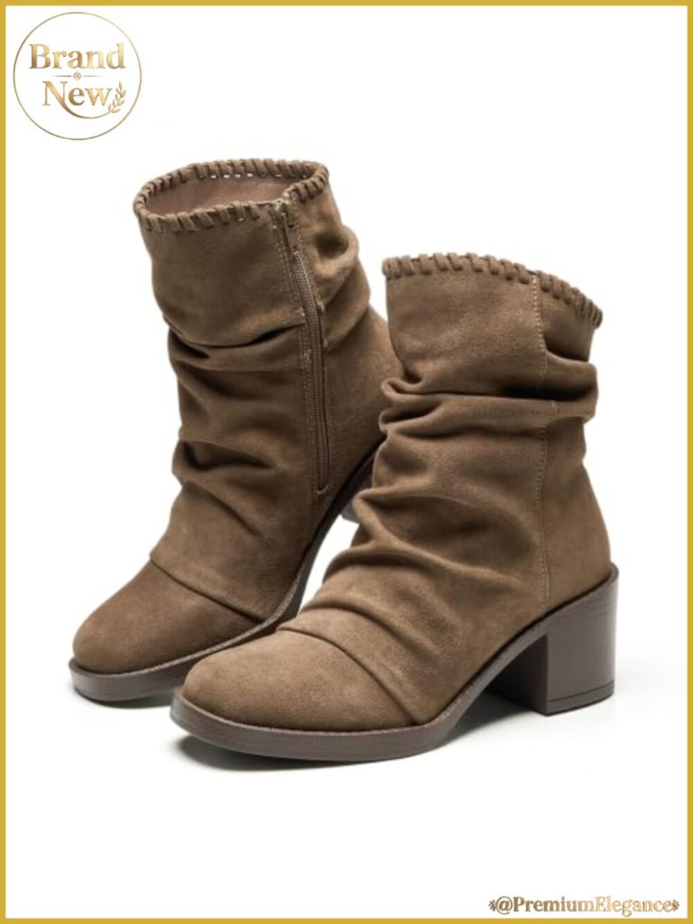 Genuine Leather Slouch Ankle Boots for Women Block Heel Zip Closure
